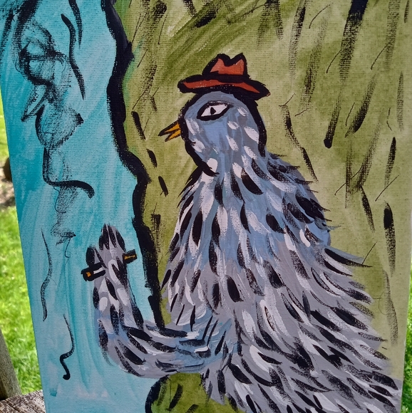 Pigeon Smoking Painting Folk Art Whimsical Decor - Picture 2 of 9